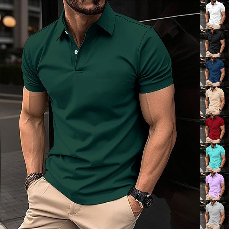 Men's Solid Color Short Sleeve Polo Shirt - Summer Button Lapel Top
