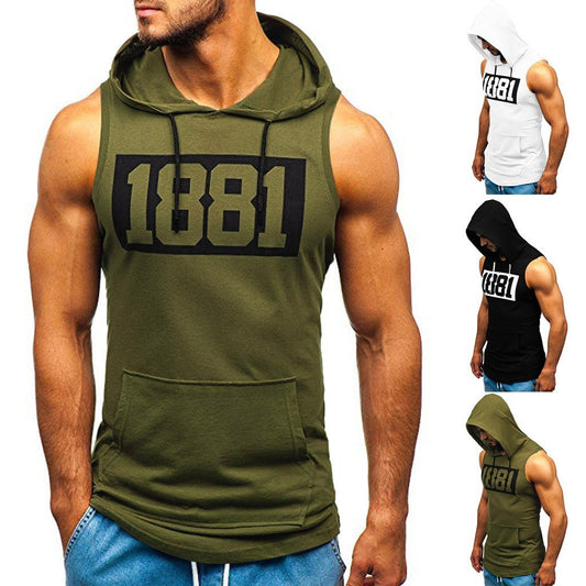 Men's Sleeveless Hoodie Vest - Letter Printed Sports Tank Top