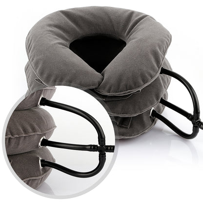 Alvoraz inflatable neck rest, three stacked chambers in flocked fabric with a close-up of the inflation tubing