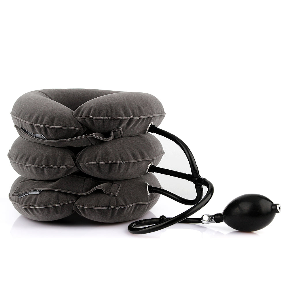 Inflatable neck rest with its hand pump and twist release valve
