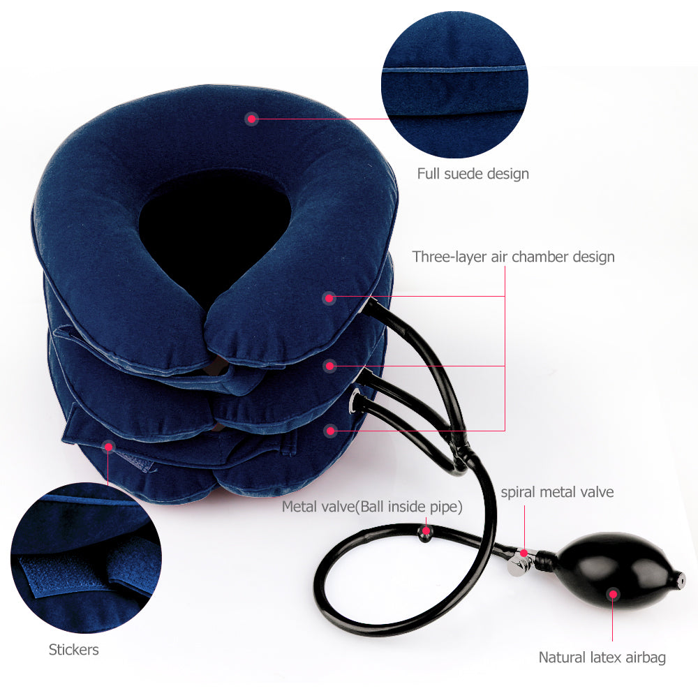 Inflatable neck rest shown from the side, three chambers and adjustable front strap