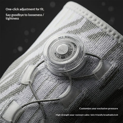 Macro of the fit dial, cable lacing, and breathable knitted nylon
