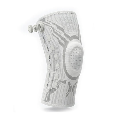 Adjustable knee support sleeve in white knit, front view showing the fit dial and cable lacing