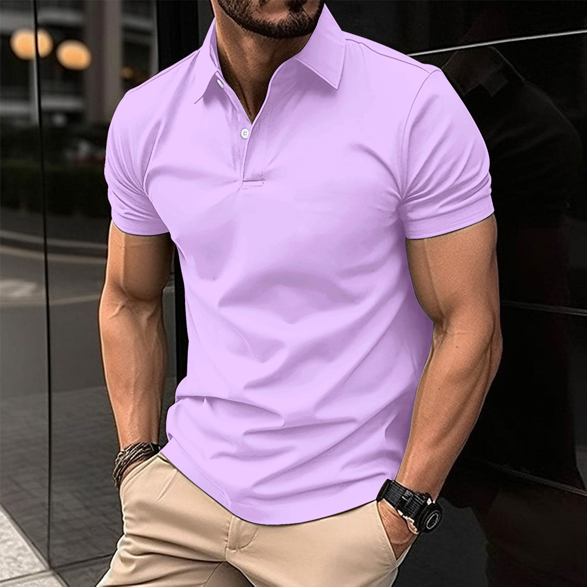 Men's Solid Color Short Sleeve Polo Shirt - Summer Button Lapel Top