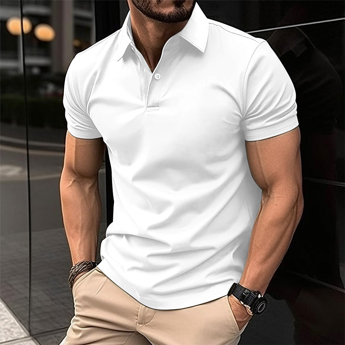 Men's Solid Color Short Sleeve Polo Shirt - Summer Button Lapel Top