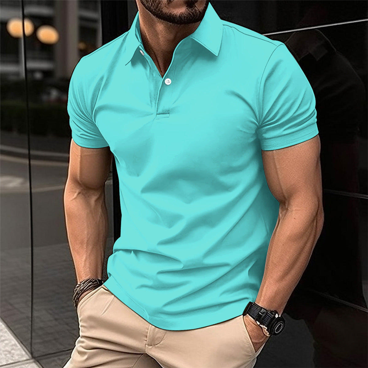 Men's Solid Color Short Sleeve Polo Shirt - Summer Button Lapel Top