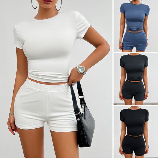 Women's Solid Color Slim Fit Sports Suit - Summer 2Pcs Set: Short-Sleeved Round Neck T-Shirt and Elastic Shorts Fashion