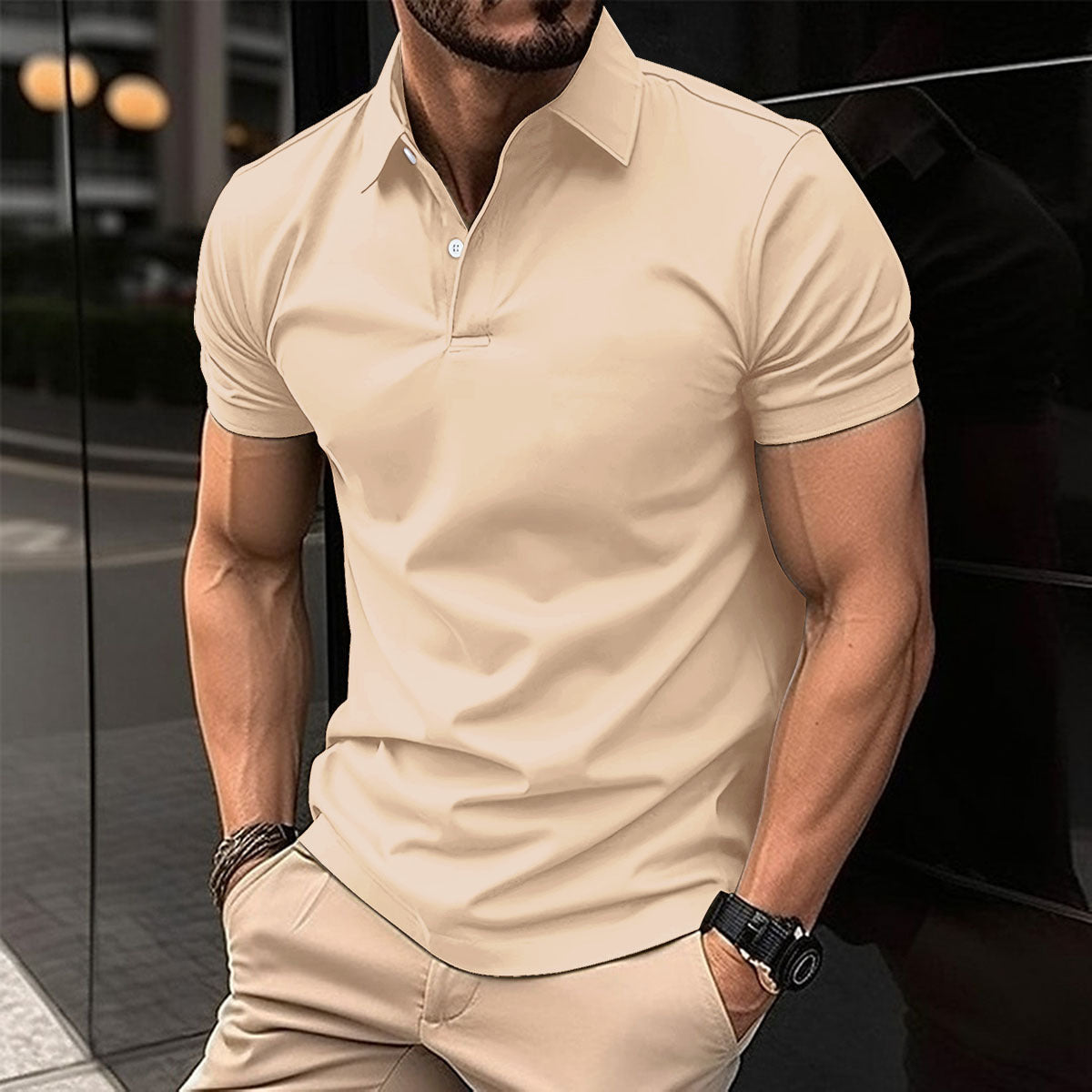 Men's Solid Color Short Sleeve Polo Shirt - Summer Button Lapel Top