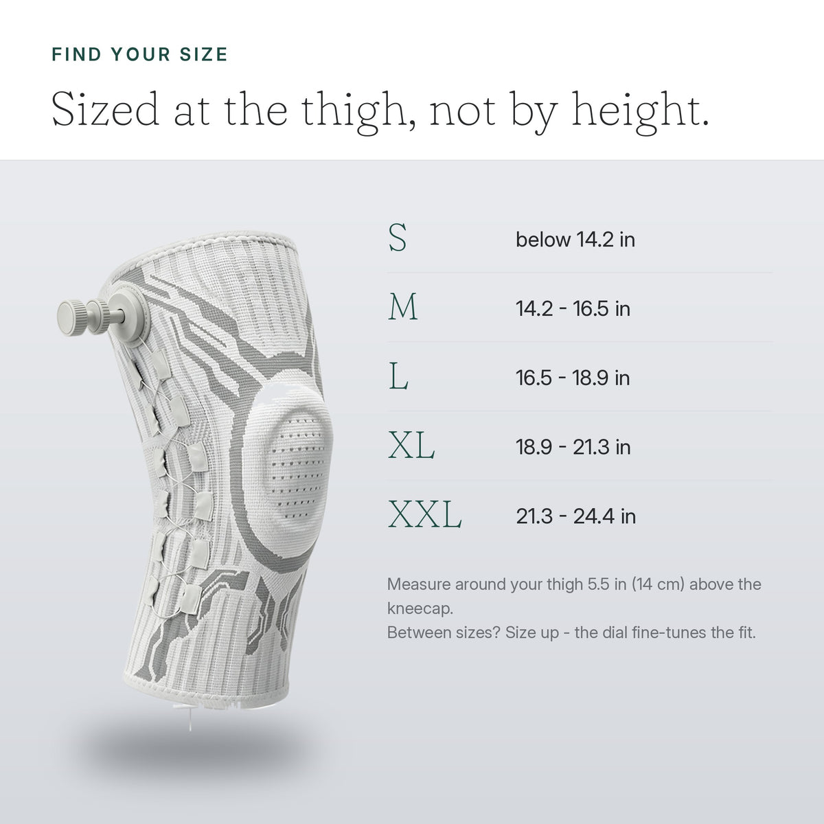 Size guide S to XXL - measure around the thigh above the kneecap