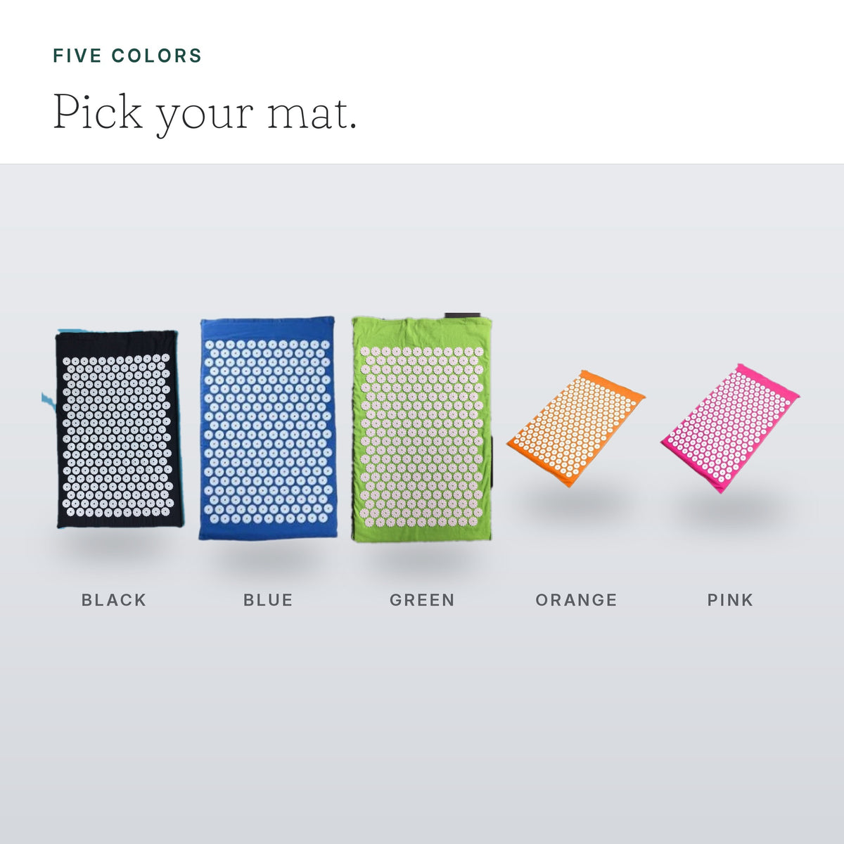 Five colors - black, blue, green, orange and pink mats