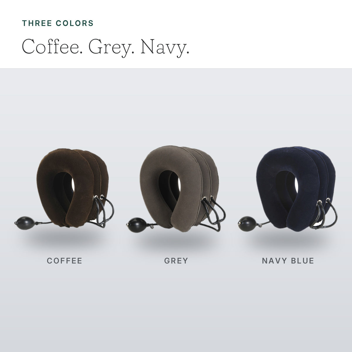 Three colors - Coffee, Grey and Navy Blue neck rests side by side